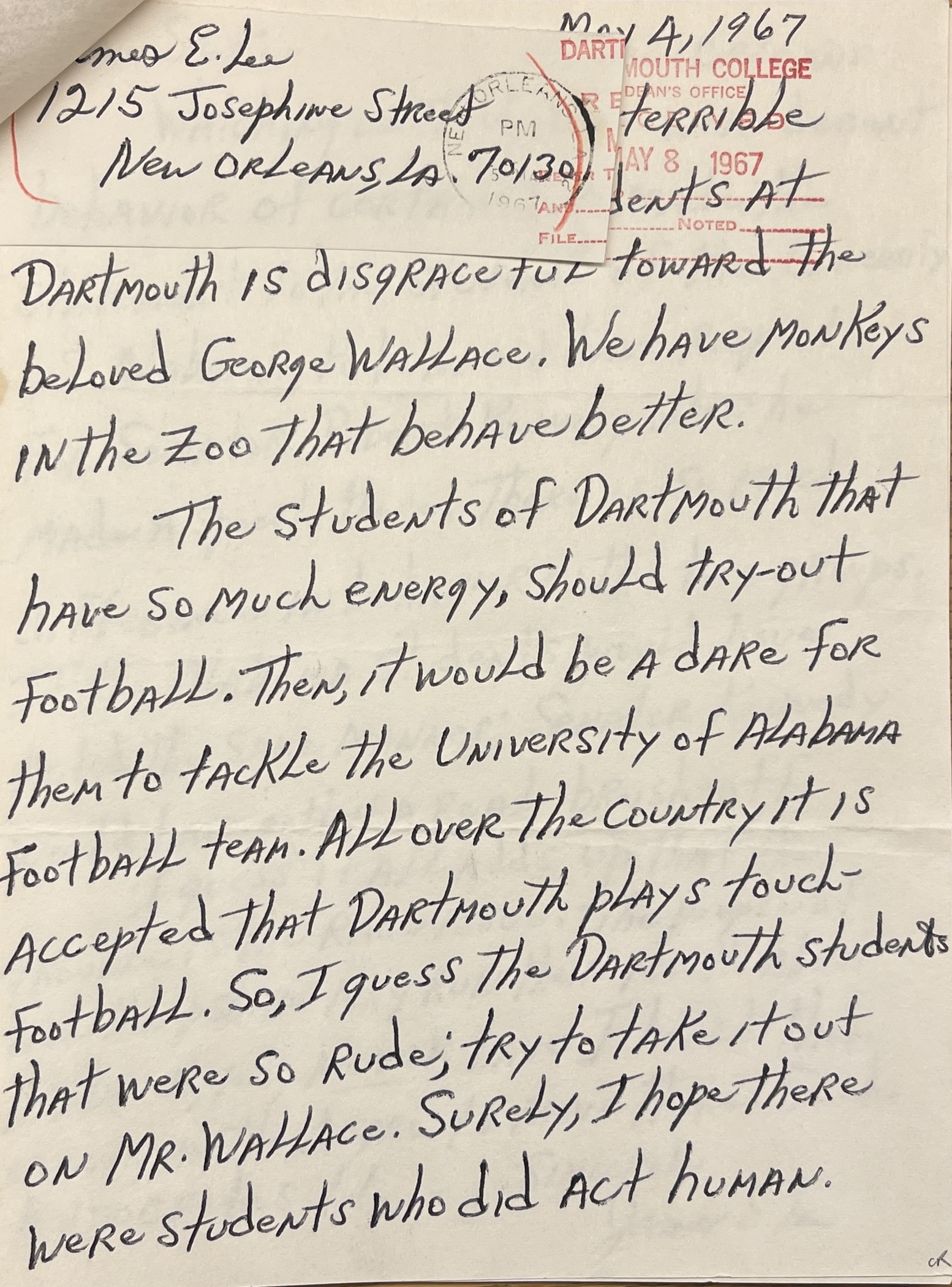 &quot;We have monkeys in the zoo that behave better&quot; Letter to Dartmouth