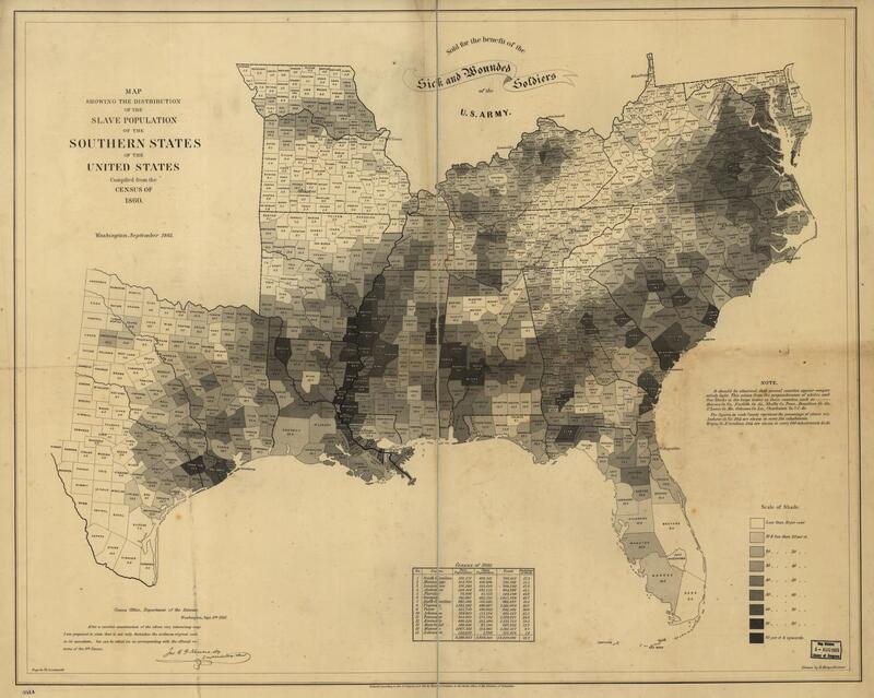 Map showing the distribution of the slave population of the southern states of the United States.